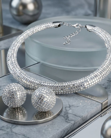 Silver Clear Stone 6 Row Disco Ball Collar Necklace