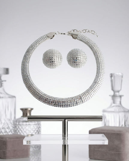 Silver Clear Stone 6 Row Disco Ball Collar Necklace