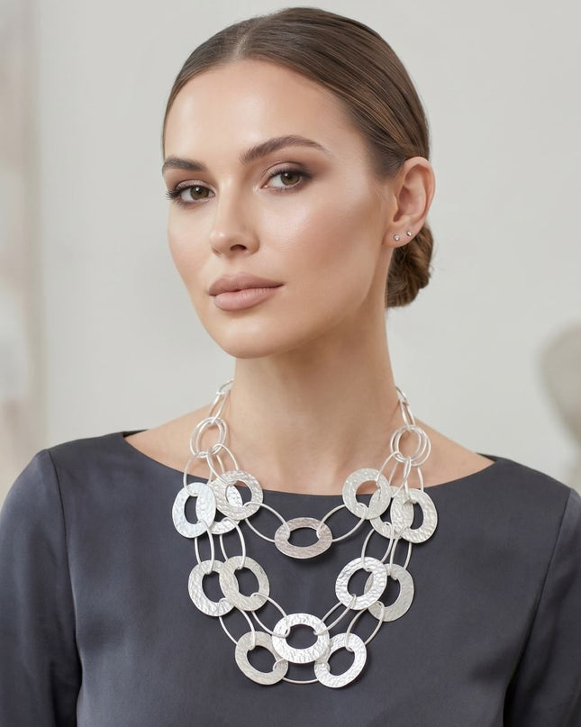 Bib Matte Silver Multi Link Layer Chains Necklace