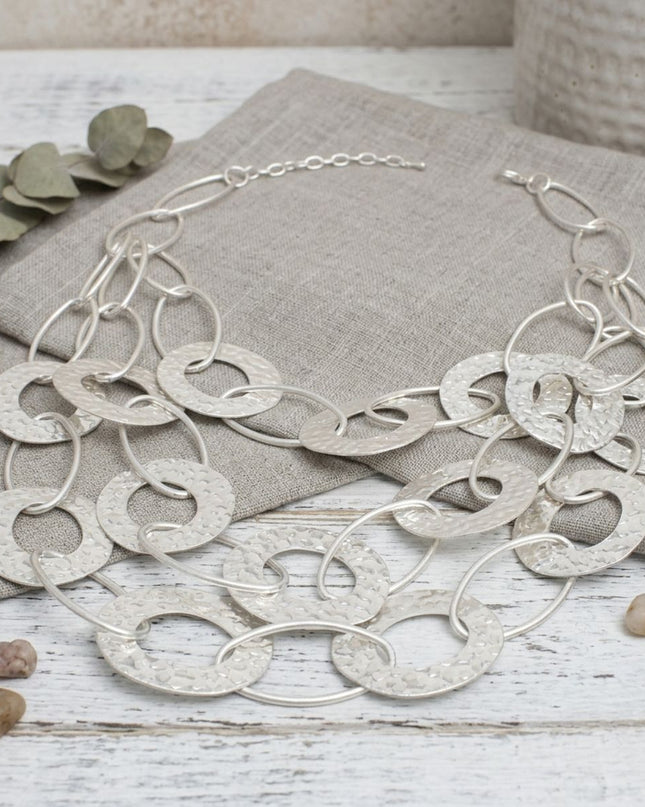 Bib Matte Silver Multi Link Layer Chains Necklace