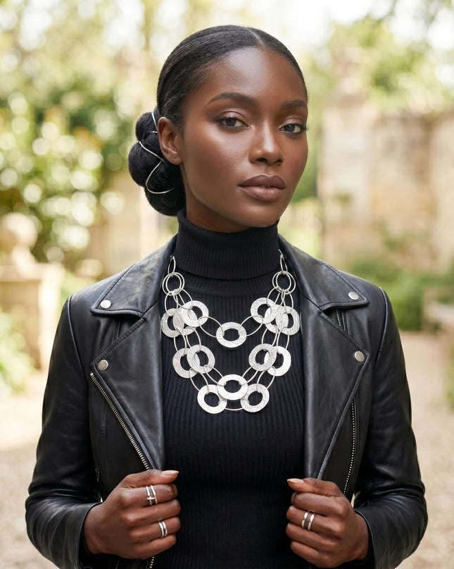 Bib Matte Silver Multi Link Layer Chains Necklace
