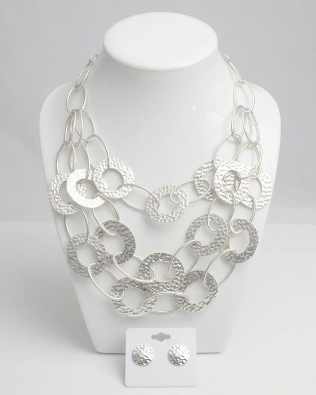 Bib Matte Silver Multi Link Layer Chains Necklace