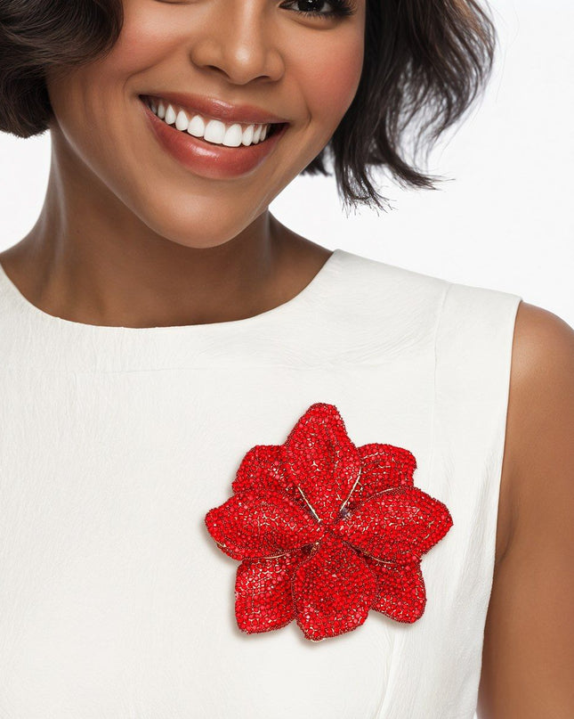 Brooch Handcrafted Brilliant Red Flower Pin Clip