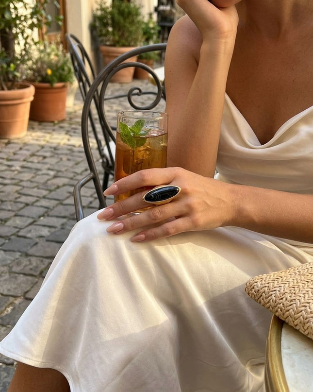 Cocktail Black Elongated Oval Matte Gold Ring
