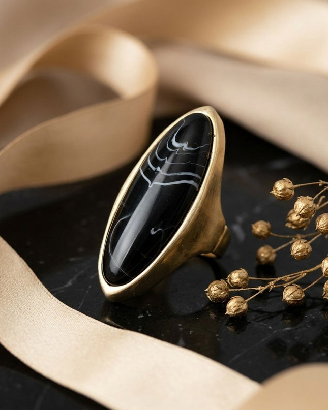 Cocktail Black Elongated Oval Matte Gold Ring