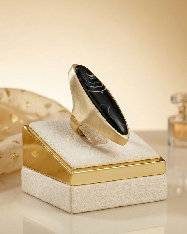 Cocktail Black Elongated Oval Matte Gold Ring