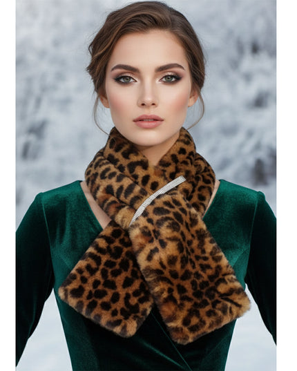 Scarf Luxe Faux Fur Leopard Rhinestone Pull Thru