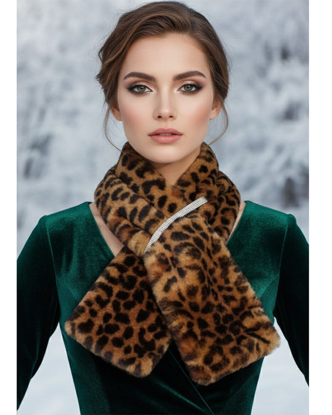 Scarf Luxe Faux Fur Leopard Rhinestone Pull Thru