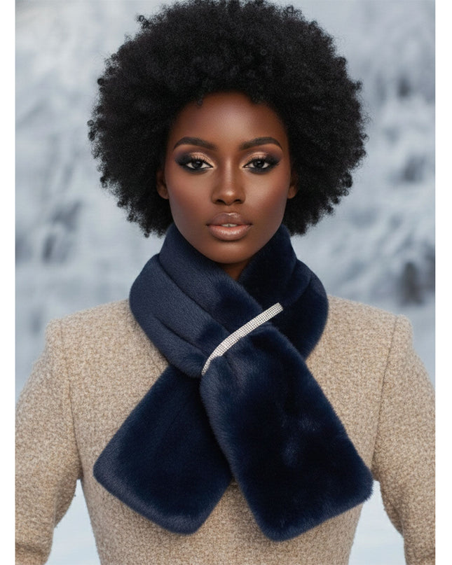 Scarf Luxe Faux Fur Navy Rhinestone Pull Thru