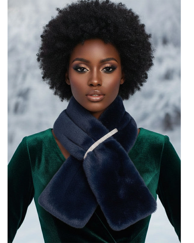 Scarf Luxe Faux Fur Navy Rhinestone Pull Thru