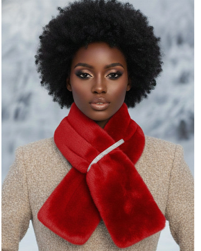 Scarf Luxe Faux Fur Red Rhinestone Pull Thru