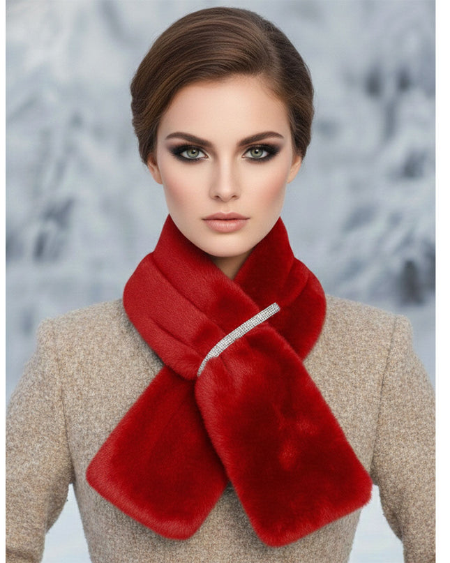 Scarf Luxe Faux Fur Red Rhinestone Pull Thru