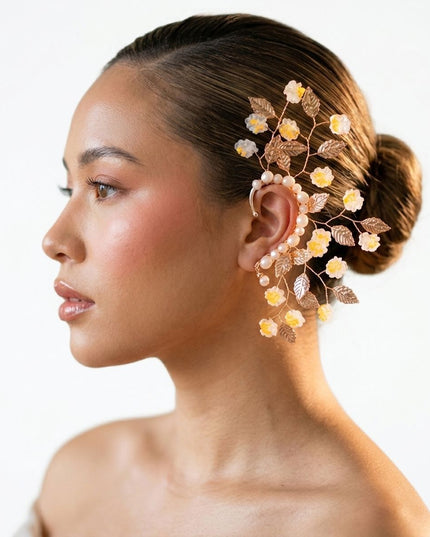 Bridal Gold Orange Floral Left Ear Cuff Earring