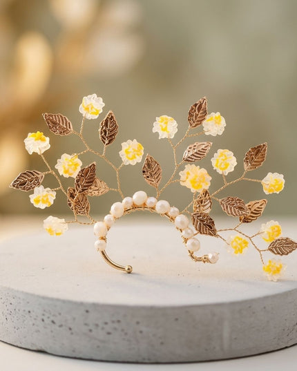 Bridal Gold Orange Floral Left Ear Cuff Earring