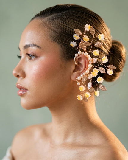 Bridal Gold Orange Floral Left Ear Cuff Earring