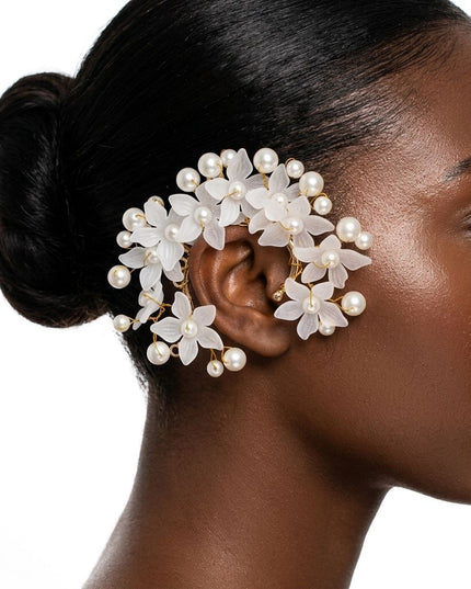 Bridal Pearl Floral Cluster Right Ear Cuff Earring