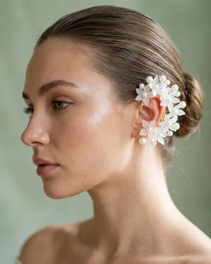 Bridal Pearl Floral Cluster Right Ear Cuff Earring