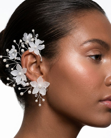 Bridal Silver Pearl Floral Left Ear Cuff Earring