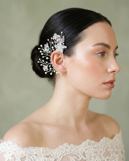 Bridal Silver Pearl Floral Left Ear Cuff Earring