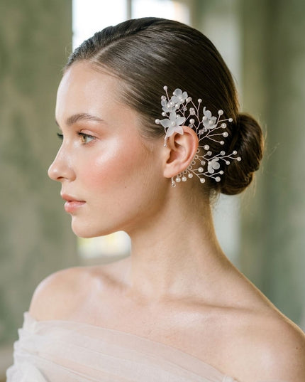 Bridal Silver Pearl Floral Left Ear Cuff Earring