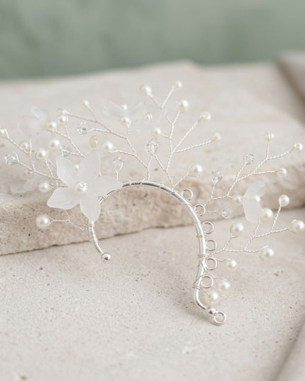 Bridal Silver Pearl Floral Left Ear Cuff Earring