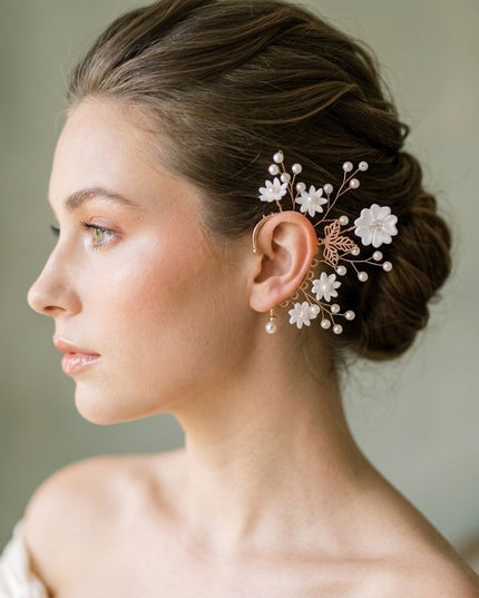 Bridal Gold Pearl White Flower Left Ear Cuff Earring