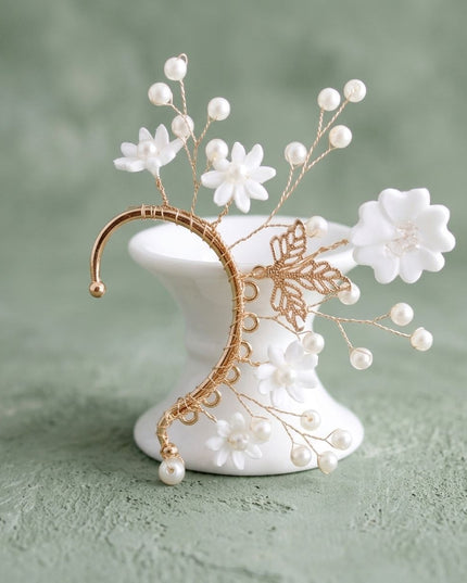 Bridal Gold Pearl White Flower Left Ear Cuff Earring