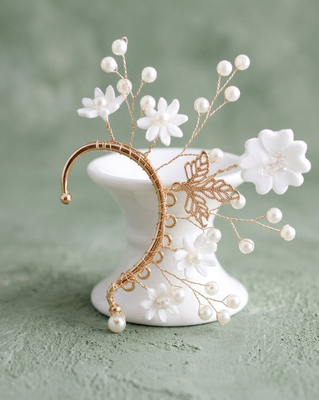 Bridal Gold Pearl White Flower Left Ear Cuff Earring