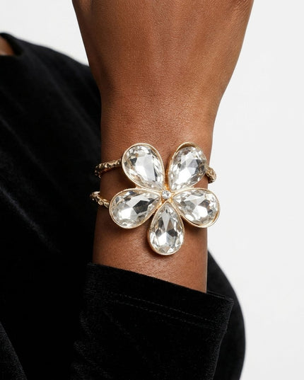 Gold Glass Crystal Daisy Flower Cuff Bracelet