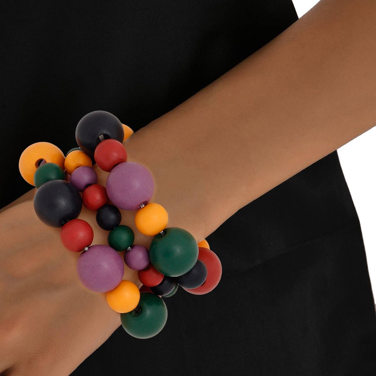 Wood Bead 3 Pcs Multicolor Stretch Bracelet Set