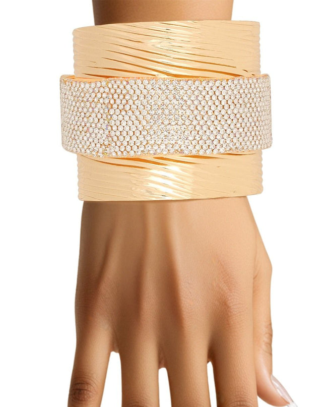 Cuff Gold Ribbed Clear Rhinestone Band Bracelet