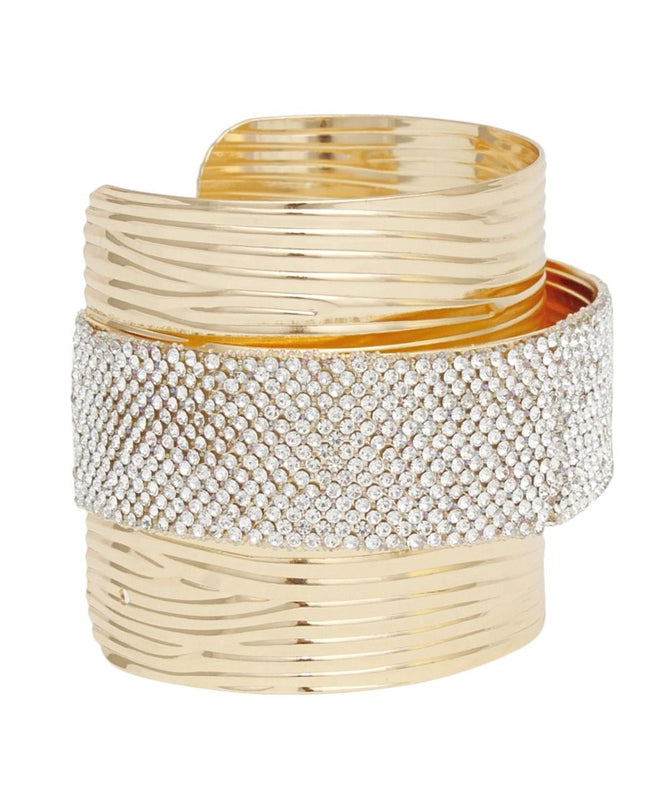 Cuff Gold Ribbed Clear Rhinestone Band Bracelet