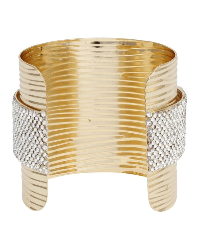Cuff Gold Ribbed Clear Rhinestone Band Bracelet
