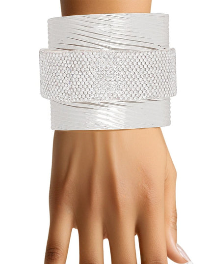 Cuff Silver Ribbed Clear Rhinestone Band Bracelet