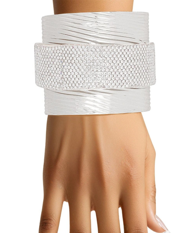 Cuff Silver Ribbed Clear Rhinestone Band Bracelet