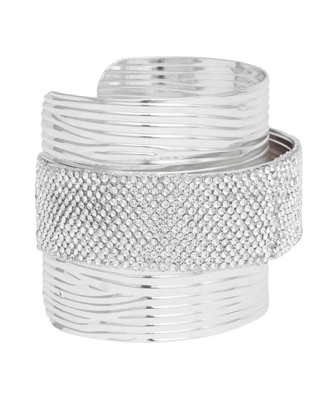 Cuff Silver Ribbed Clear Rhinestone Band Bracelet