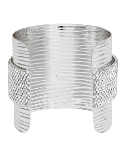 Cuff Silver Ribbed Clear Rhinestone Band Bracelet
