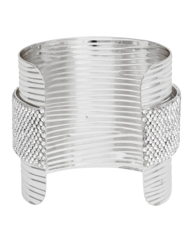 Cuff Silver Ribbed Clear Rhinestone Band Bracelet