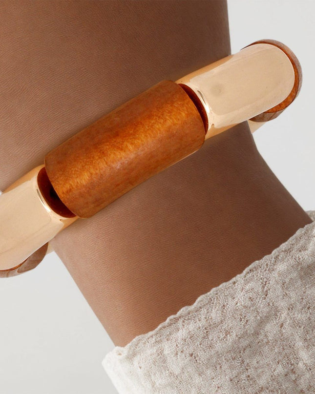 Wood Bead Brown and Gold Tubular Stretch Bracelet