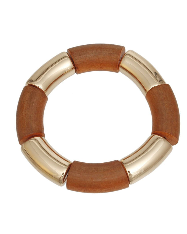 Wood Bead Brown and Gold Tubular Stretch Bracelet