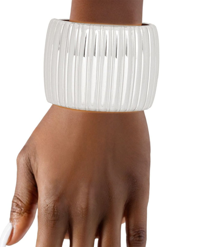 Cuff Silver Sculptural Ribbed Wide Hinge Bracelet