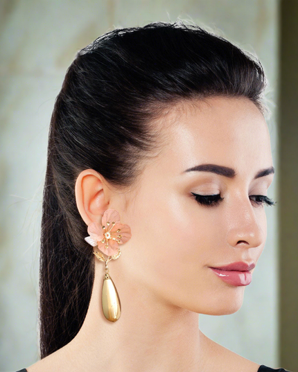Pink Flower Gold Teardrop Earrings
