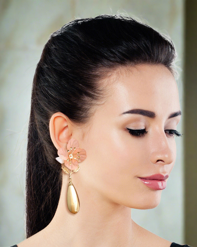 Pink Flower Gold Teardrop Earrings