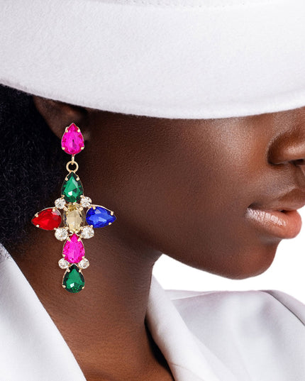 Multi Teardrop Crystal Cross Earrings