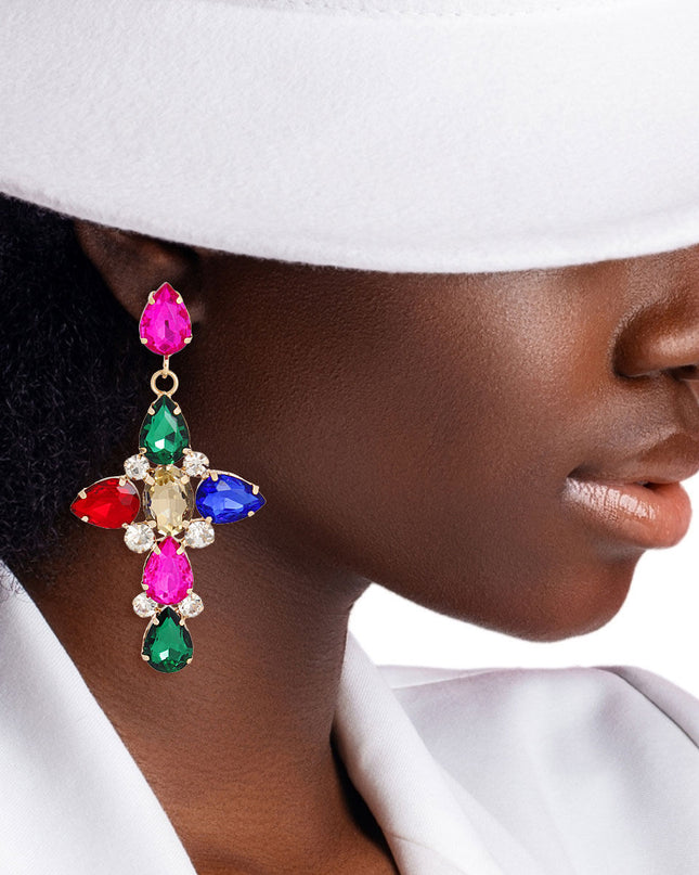 Multi Teardrop Crystal Cross Earrings