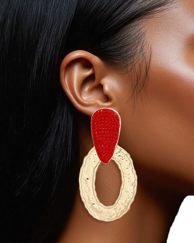 Drop Gold Red Rhinestone Elongated Oval Earrings