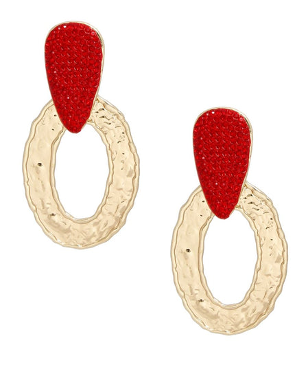 Drop Gold Red Rhinestone Elongated Oval Earrings