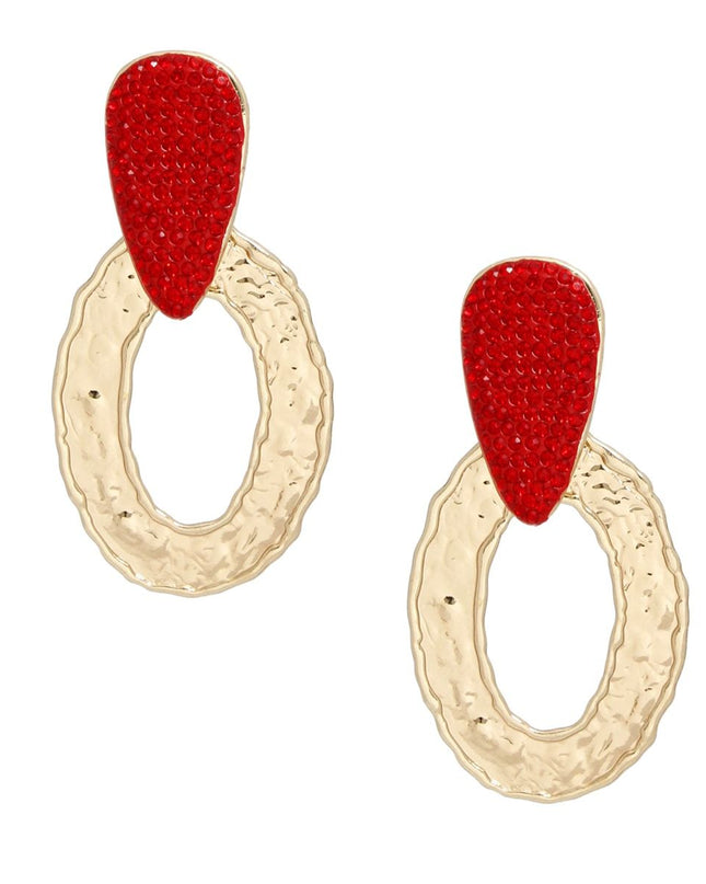 Drop Gold Red Rhinestone Elongated Oval Earrings