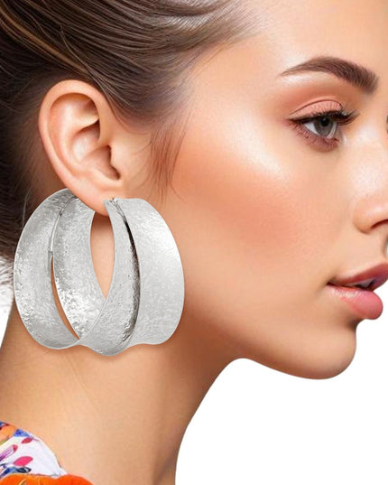 Hoops Large Matte and Polished Silver Wide Earring