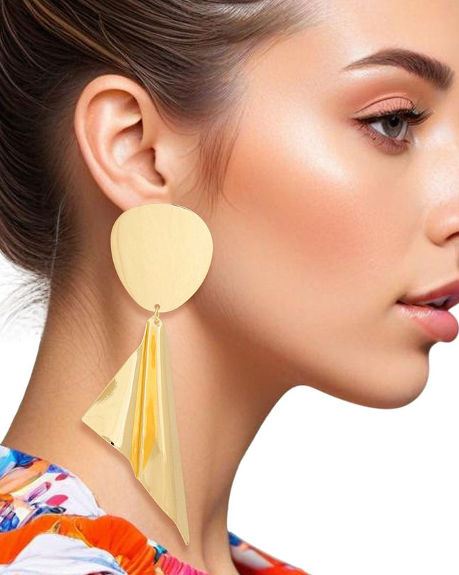 Drop Polished Gold Folded Metal Large Earrings
